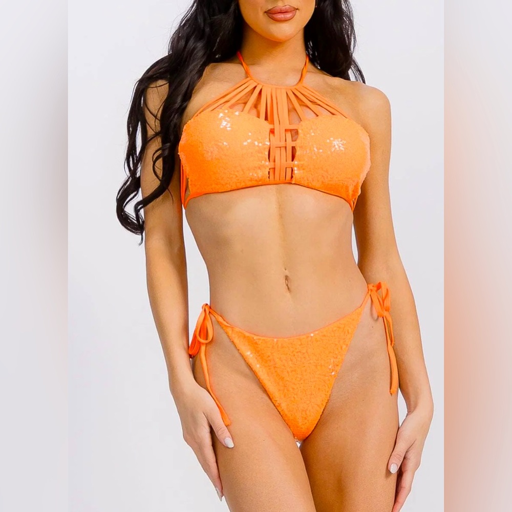 Orange Halter Neck Sequin Cheeky Bikini Set